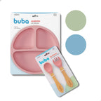 Kit Refeição Introdução Alimentar Prato Com Divisórias Ventosa Talheres Silicone Buba