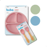 Kit Refeição Introdução Alimentar Prato Com Divisórias Ventosa Talheres Silicone Buba