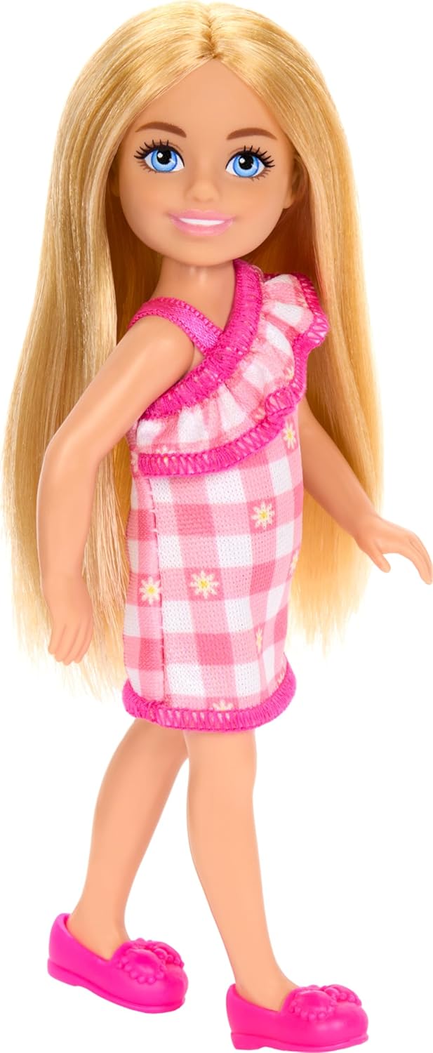 Boneca Barbie Chelsea 14 cm Loira Vestido Xadrez