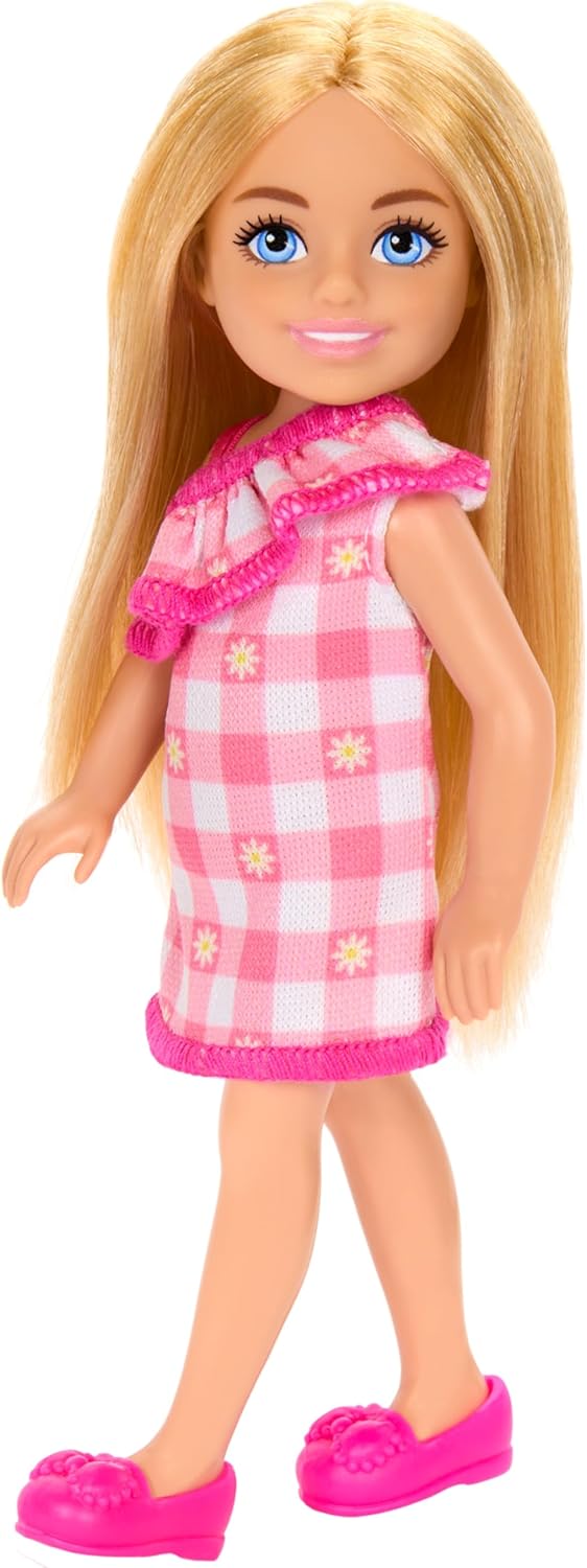 Boneca Barbie Chelsea 14 cm Loira Vestido Xadrez