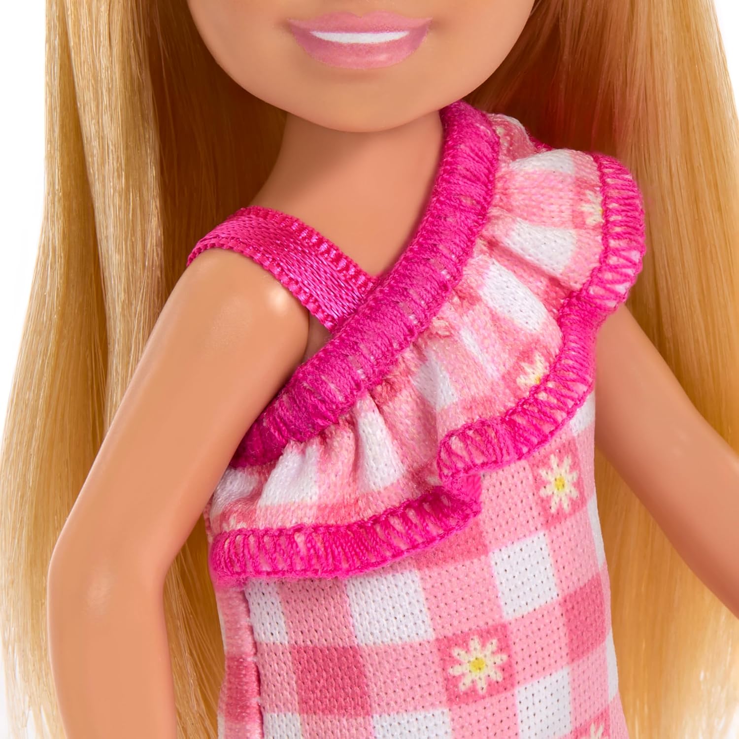 Boneca Barbie Chelsea 14 cm Loira Vestido Xadrez