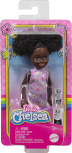 Boneca Barbie Chelsea 14 cm Vestido Floral Lilás Sapato Rosa com Coque