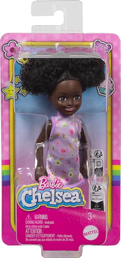 Boneca Barbie Chelsea 14 cm Vestido Floral Lilás Sapato Rosa com Coque