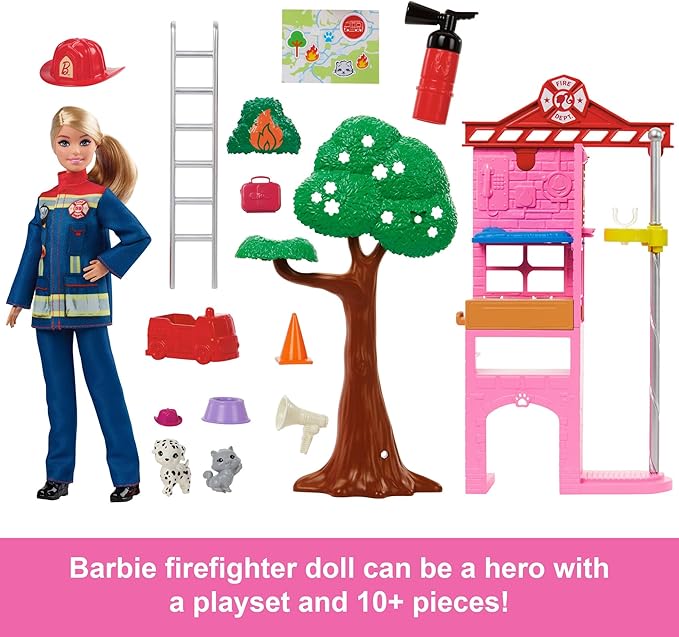 Barbie Profissões Boneca Bombeira com Cachorrinho e 10 Acessórios
