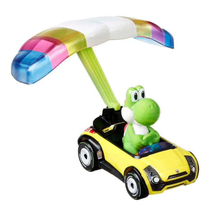 Hot Wheels Mario Kart Veículo de Brinquedo Yoshi Sports Coupê com Paraquedas