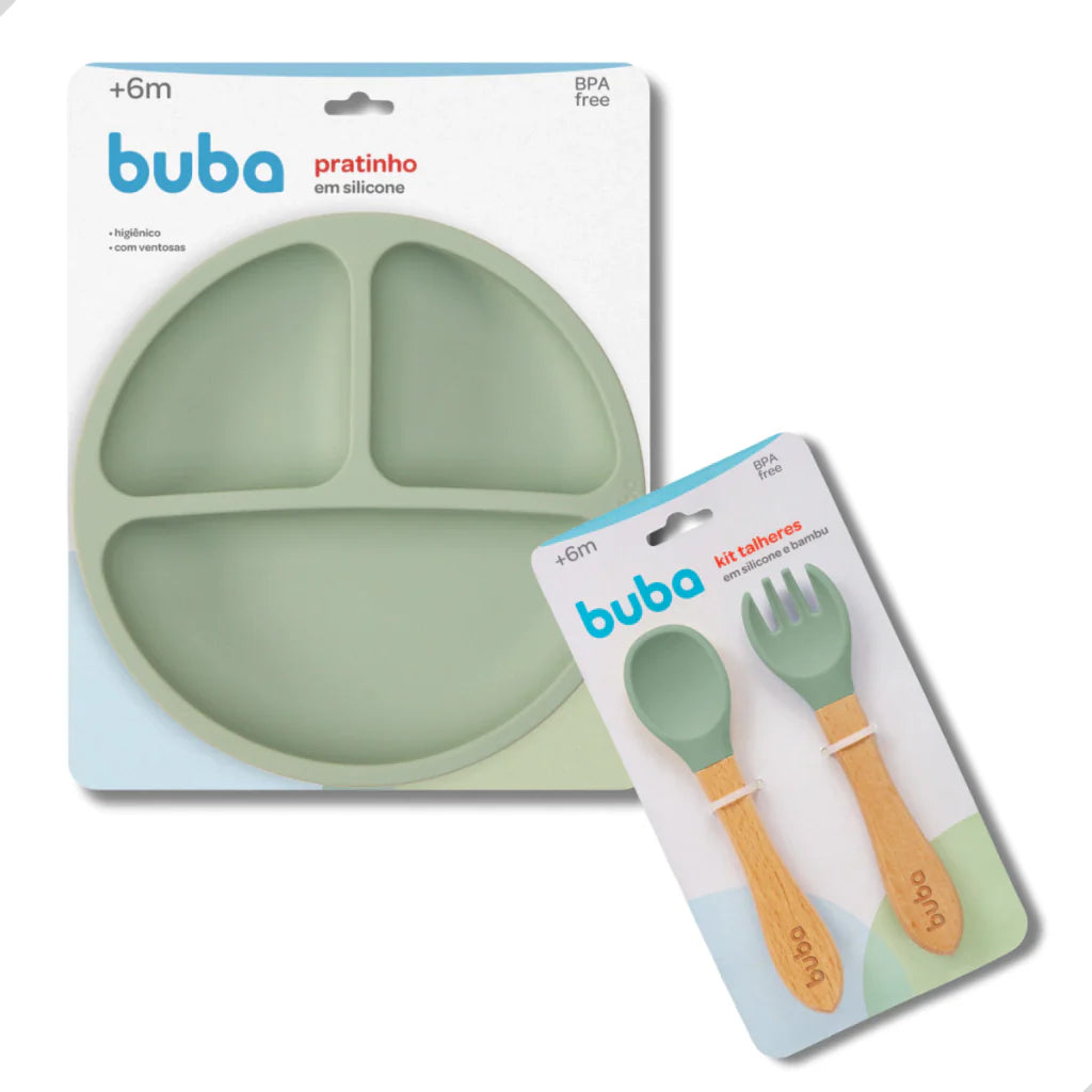 Kit Refeição Introdução Alimentar Prato Com Divisórias Ventosa Talheres Silicone Buba