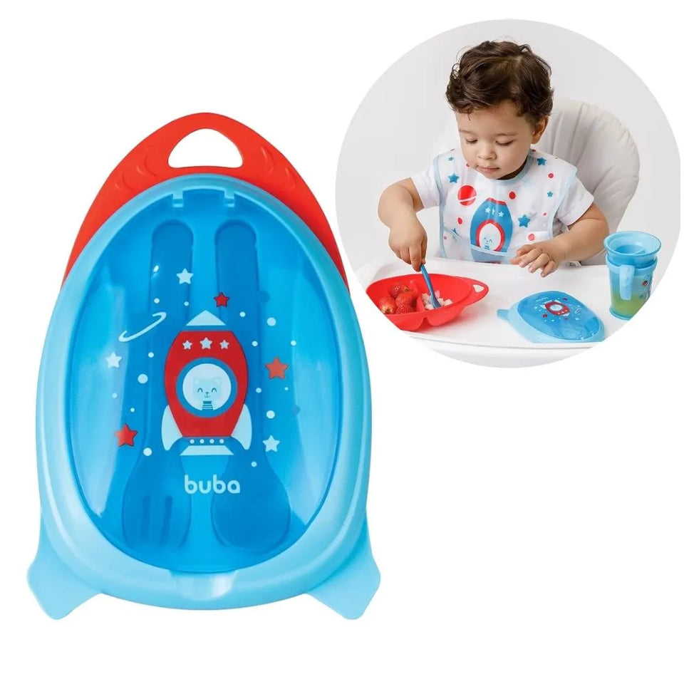 Kit Refeição com Talher Tampa e Divisória Foguete Azul Buba