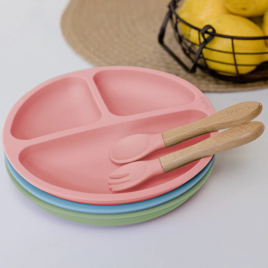 Kit Refeição Introdução Alimentar Prato Com Divisórias Ventosa Talheres Silicone Buba